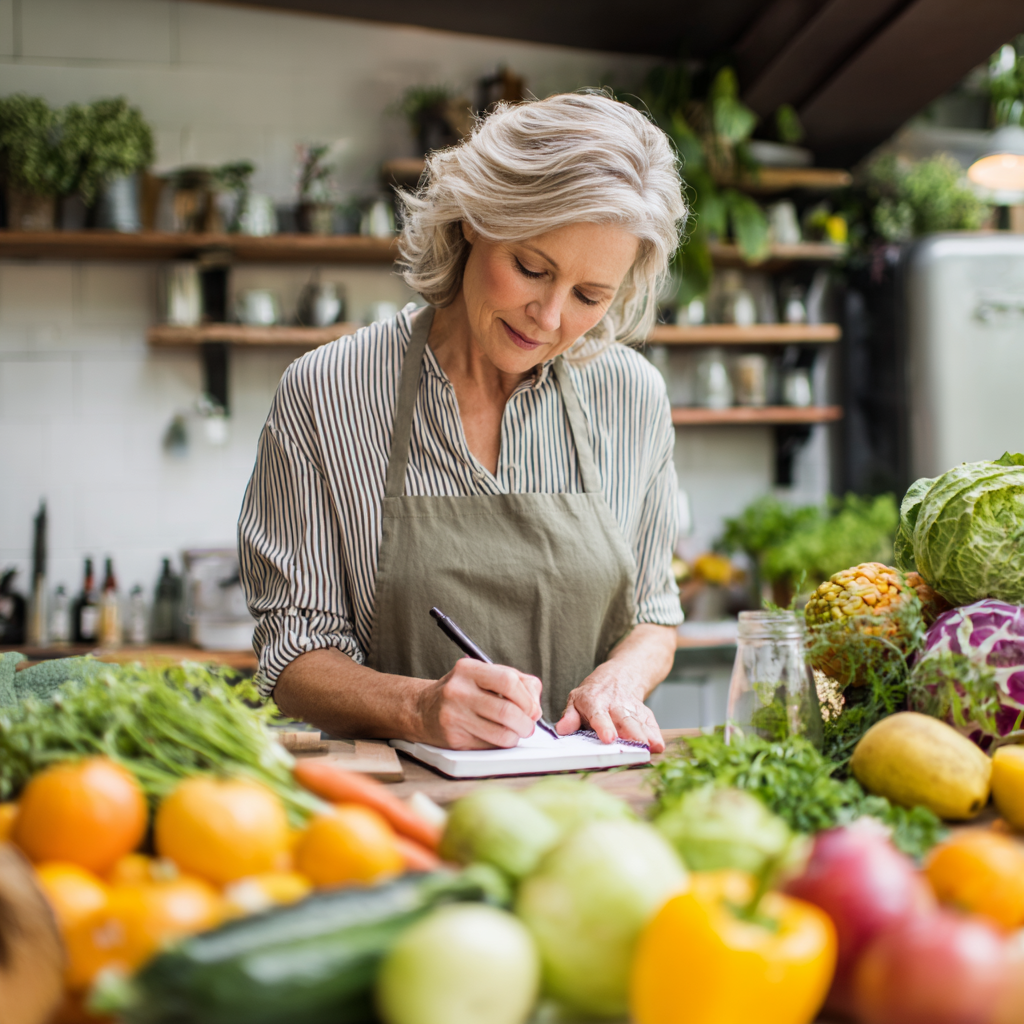 Mature adult planning healthy balanced meals with fresh vegetables and fruits