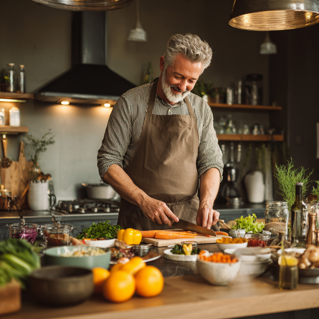 Middle-aged person preparing healthy nutritious meals in modern kitchen